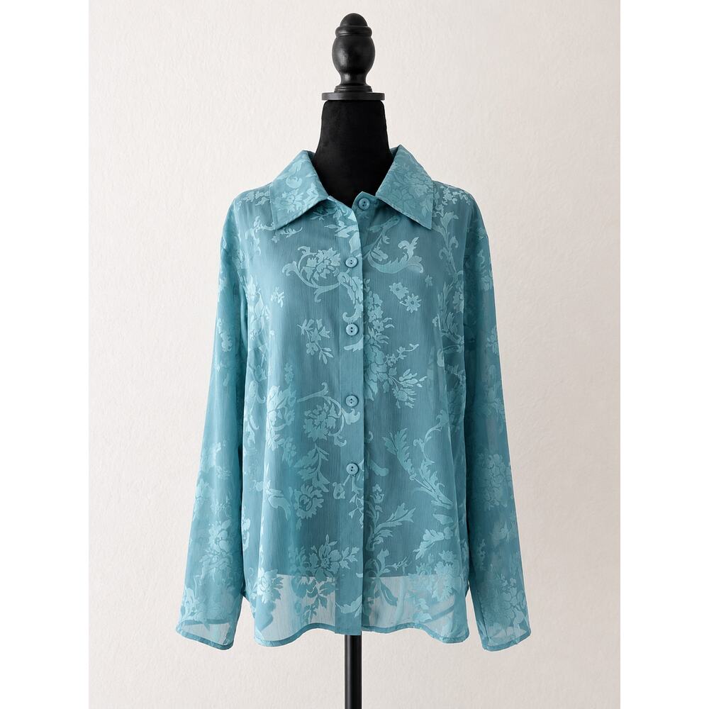 Kari New York Womens XL Blue Sheer Floral Button Front Blouse Plus Size Top